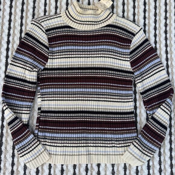 Vintage 90s NWT Striped Turtleneck Neutral Sweater Deadstock Women’s Small - Picture 1 of 4